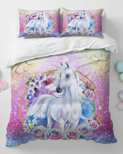 glitter rose frame unicorn bedding - flat-lay