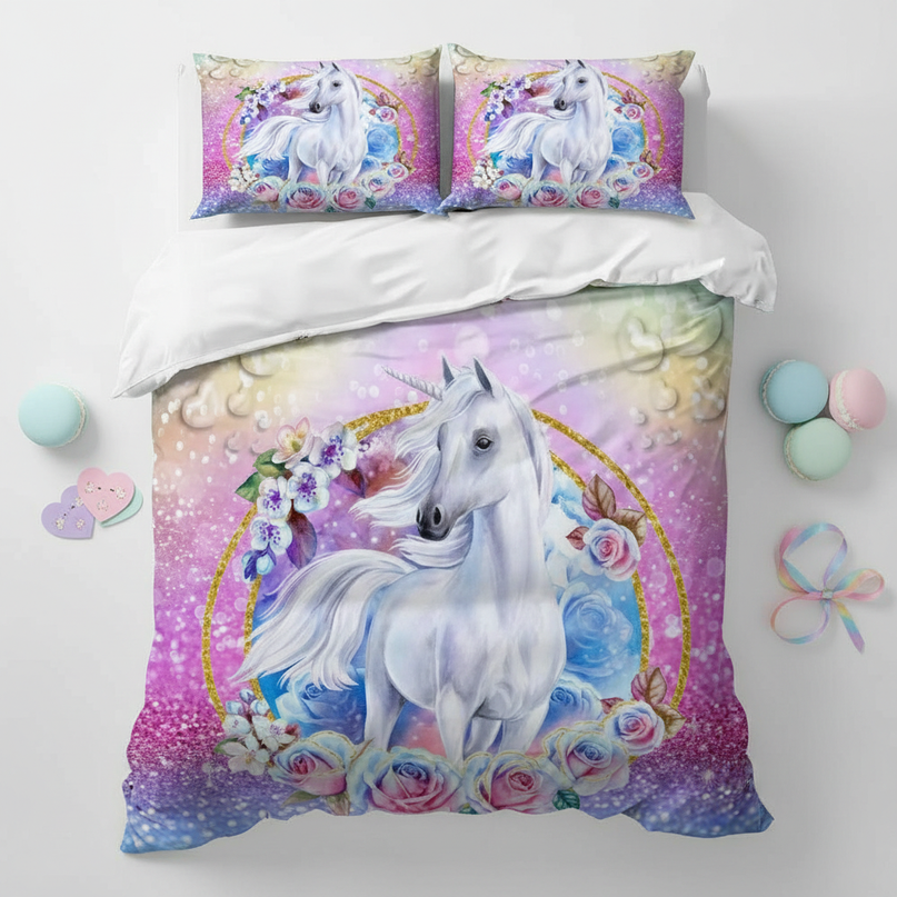 glitter rose frame unicorn bedding - flat-lay