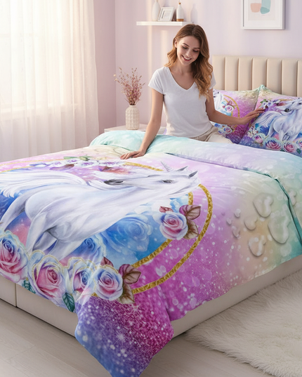 glitter rose frame unicorn bedding - in-use