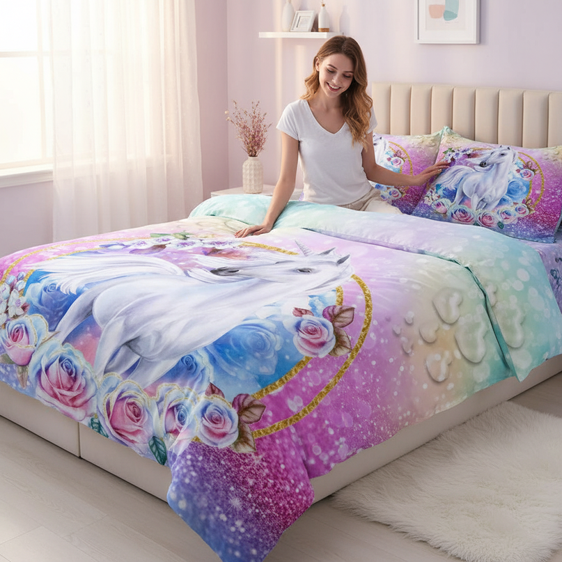 glitter rose frame unicorn bedding - in-use