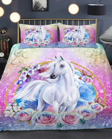 glitter rose frame unicorn bedding - lifestyle