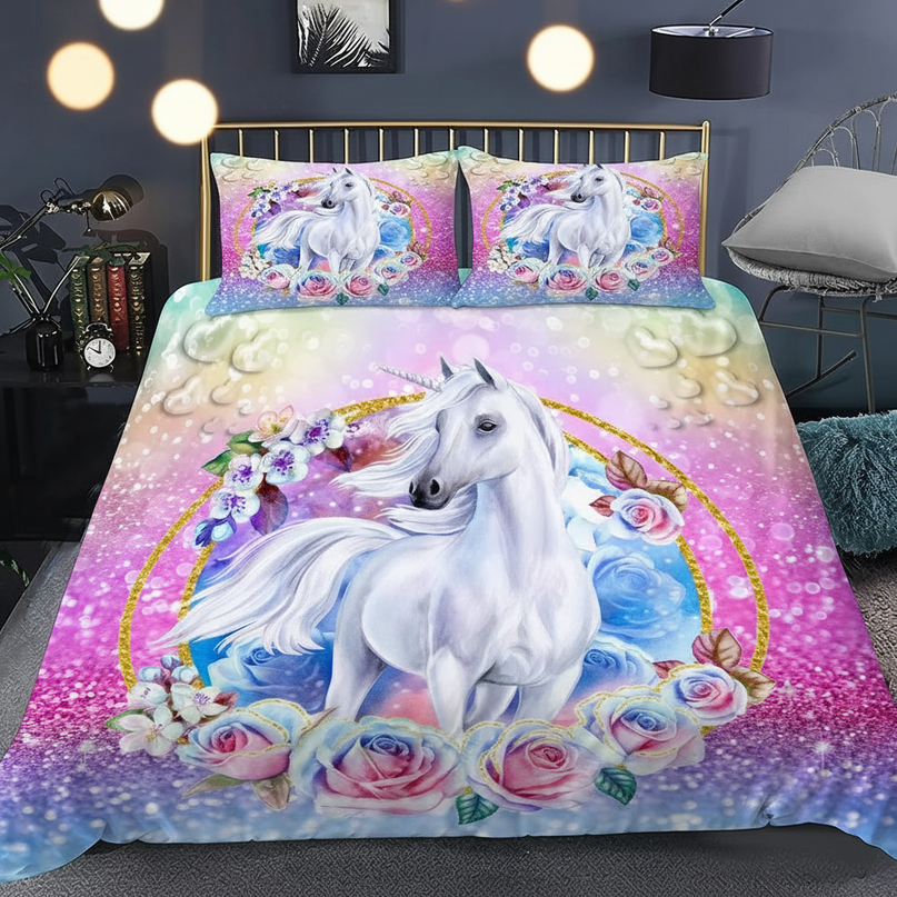 glitter rose frame unicorn bedding - lifestyle