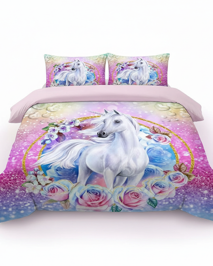 glitter rose frame unicorn bedding - white-bg