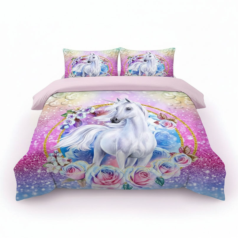 glitter rose frame unicorn bedding - white-bg