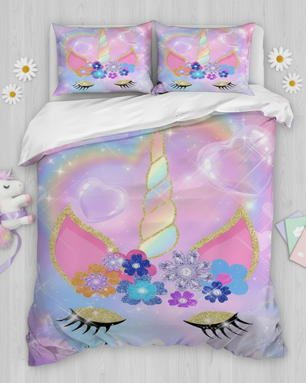 glitter unicorn bedding - flat-lay