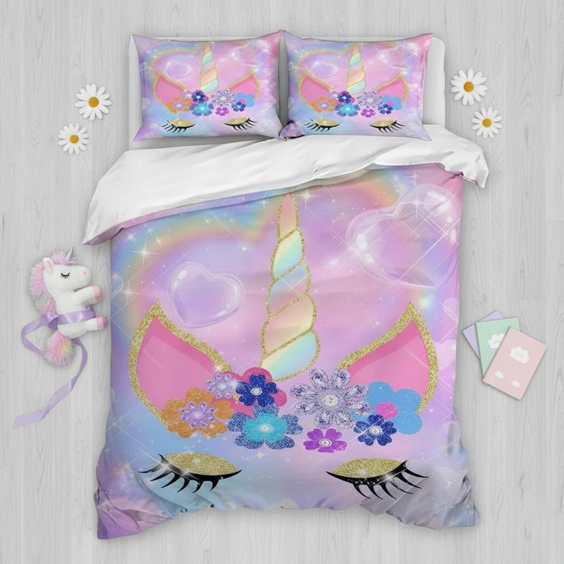 glitter unicorn bedding - flat-lay