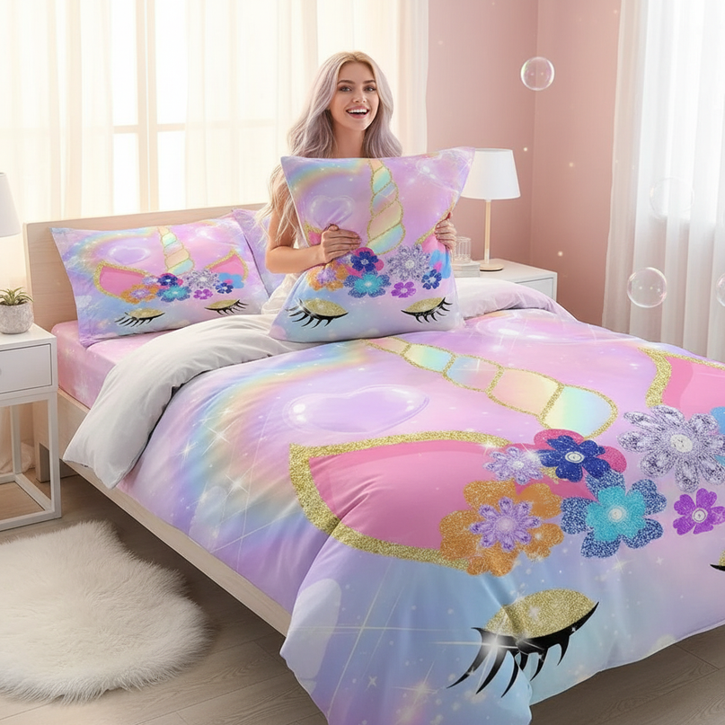 glitter unicorn bedding - in-use