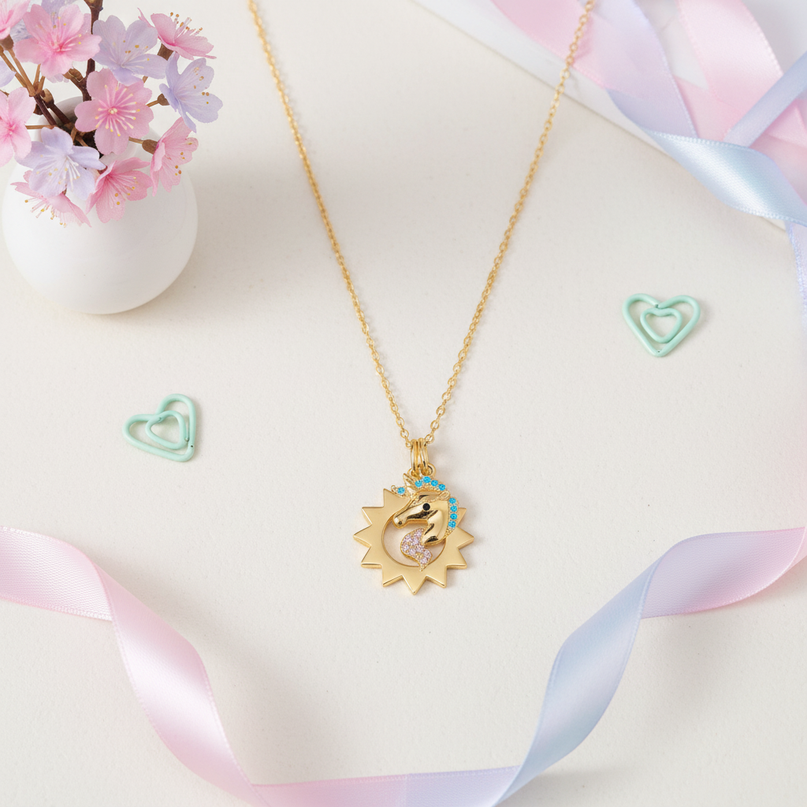glitter unicorn necklace - flat-lay