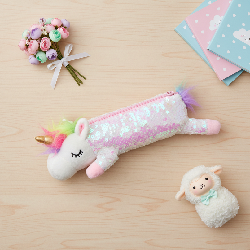 glitter unicorn pencil case - flat-lay