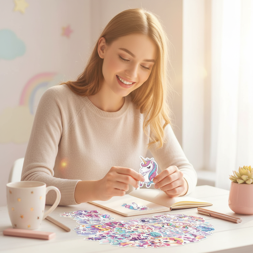 glitter unicorn stickers - in-use
