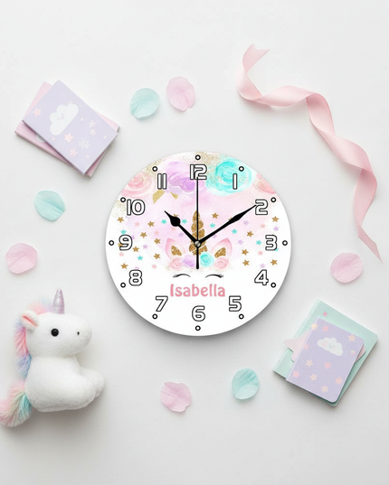 glitter unicorn wall clock - flat-lay