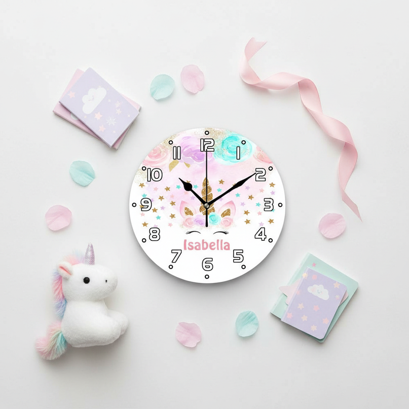 glitter unicorn wall clock - flat-lay