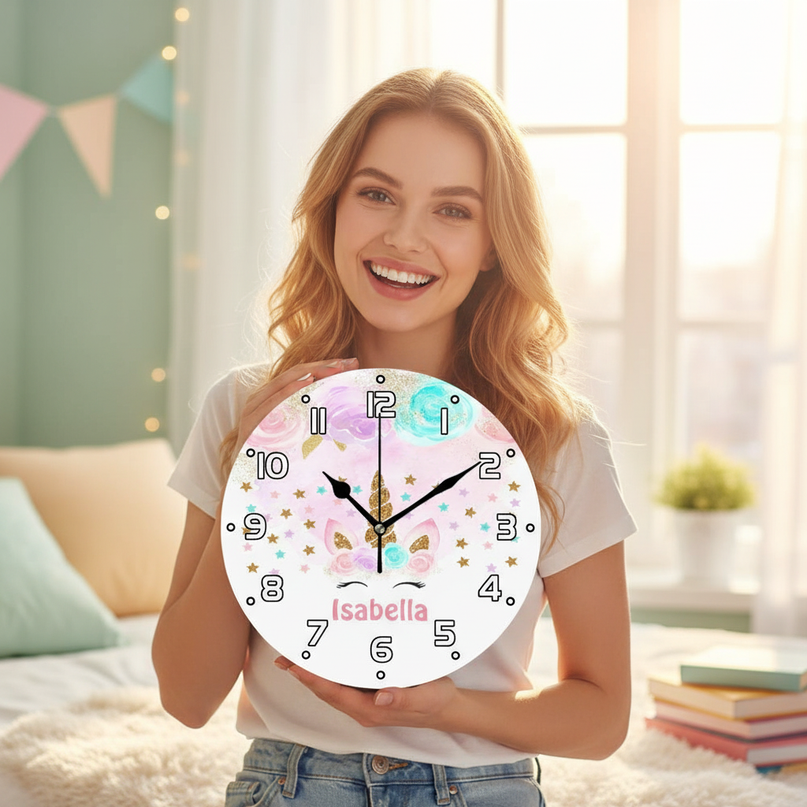 glitter unicorn wall clock - in-use