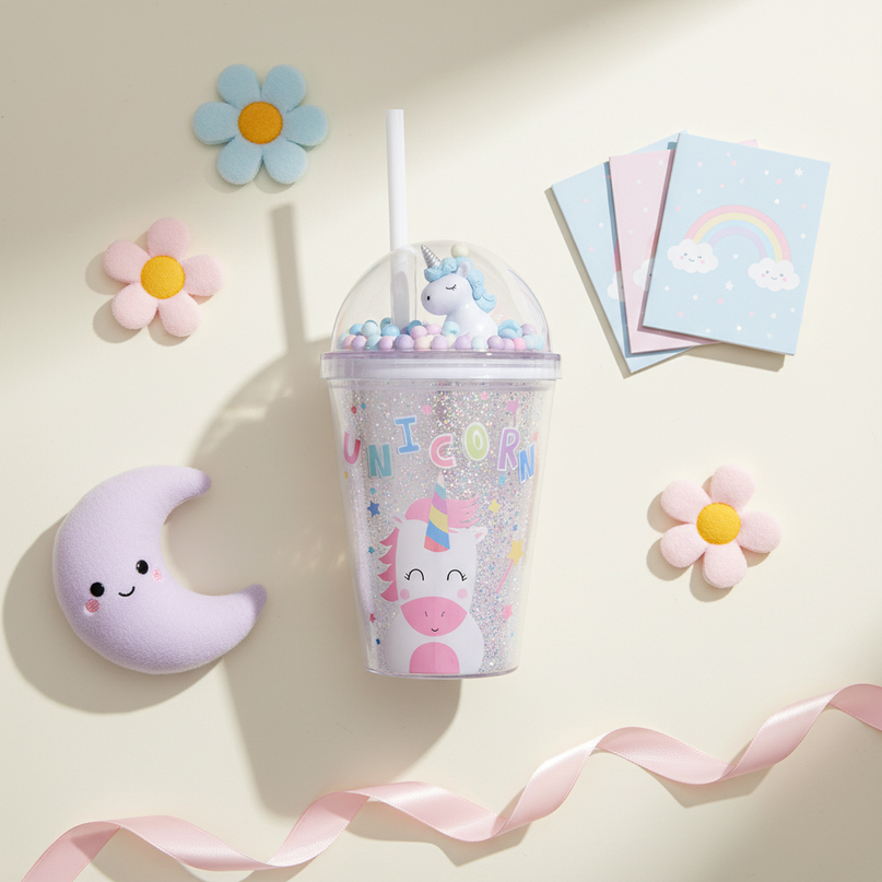 glitter unicorn water bottle - flat-lay