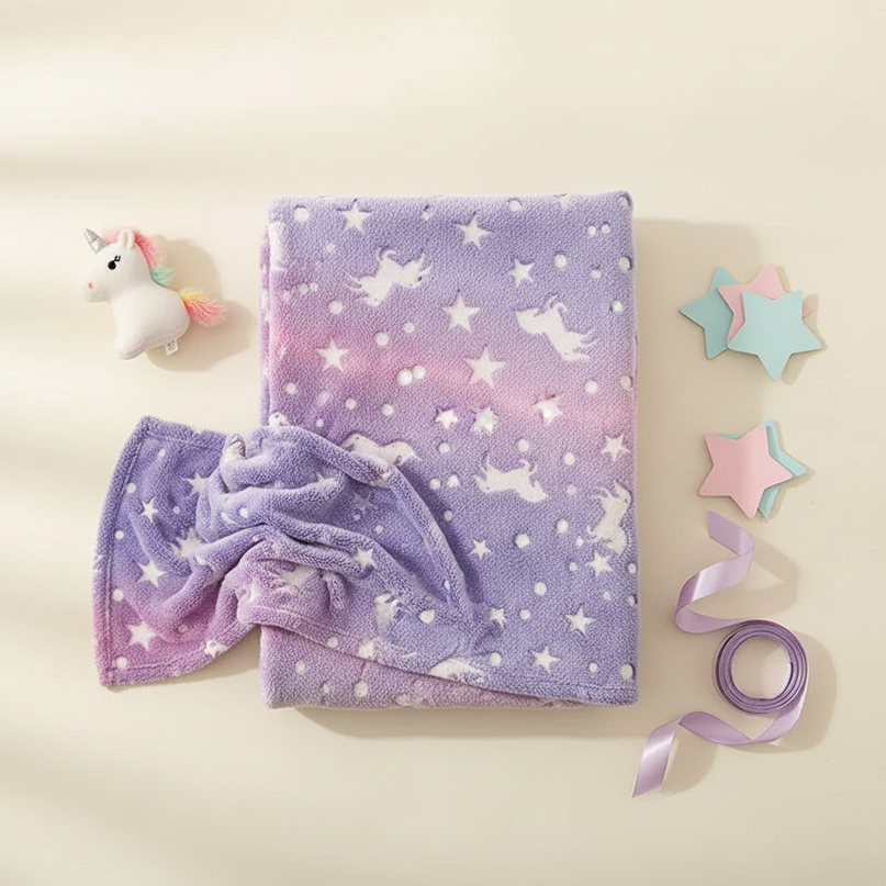 glow dark unicorn blanket - flat-lay