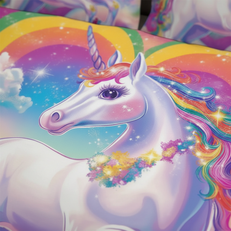 glowing heart rainbow unicorn bedding - detail