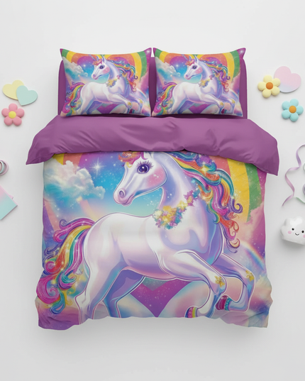 glowing heart rainbow unicorn bedding - flat-lay