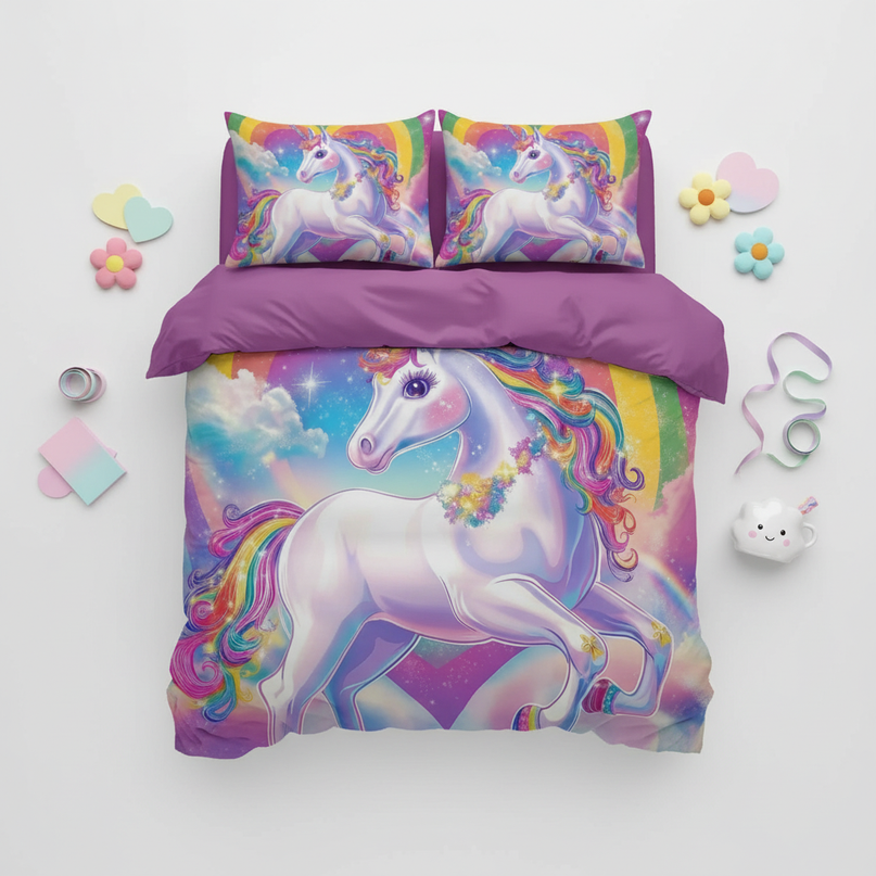 glowing heart rainbow unicorn bedding - flat-lay