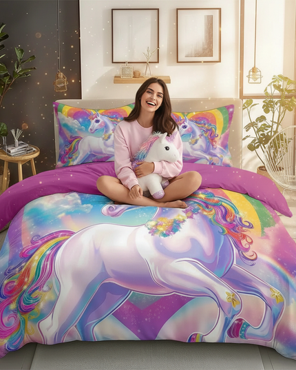 glowing heart rainbow unicorn bedding - in-use