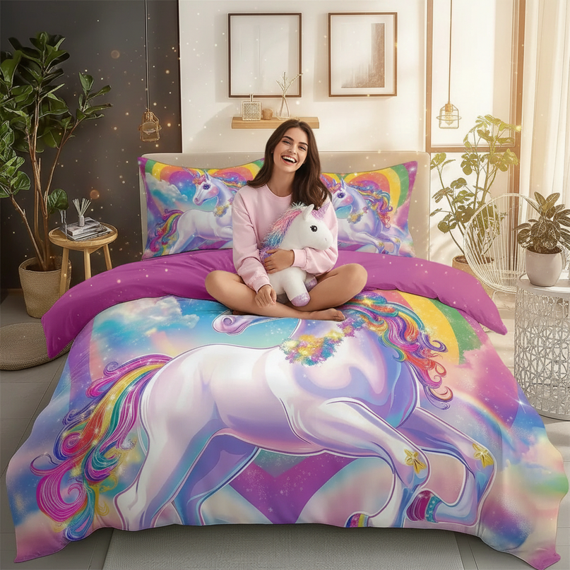 glowing heart rainbow unicorn bedding - in-use