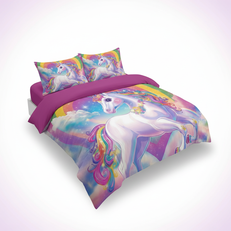 glowing heart rainbow unicorn bedding - white-bg