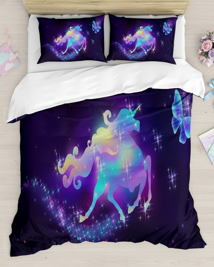 glowing neon unicorn bedding - flat-lay