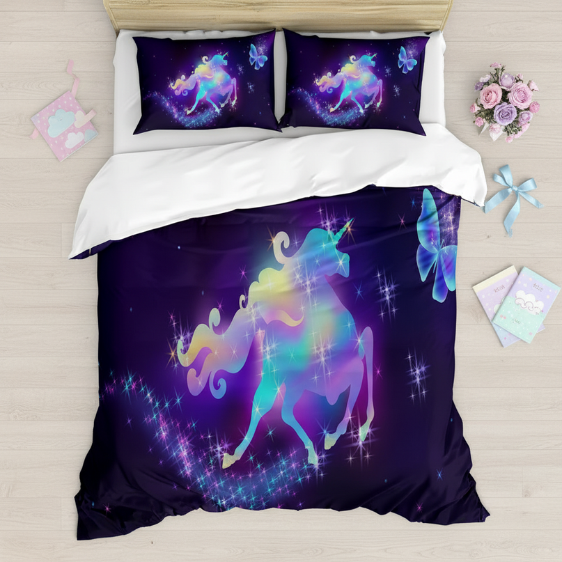 glowing neon unicorn bedding - flat-lay