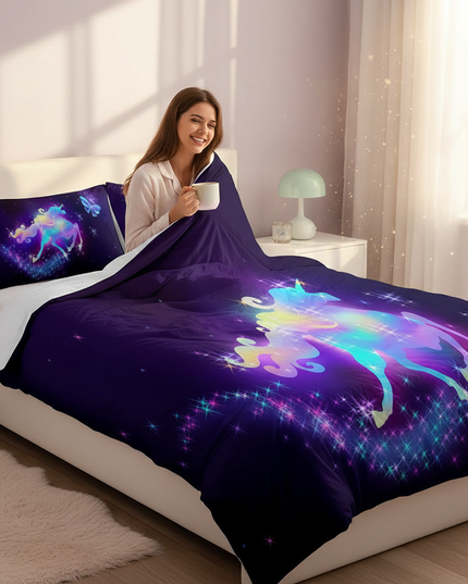 glowing neon unicorn bedding - in-use