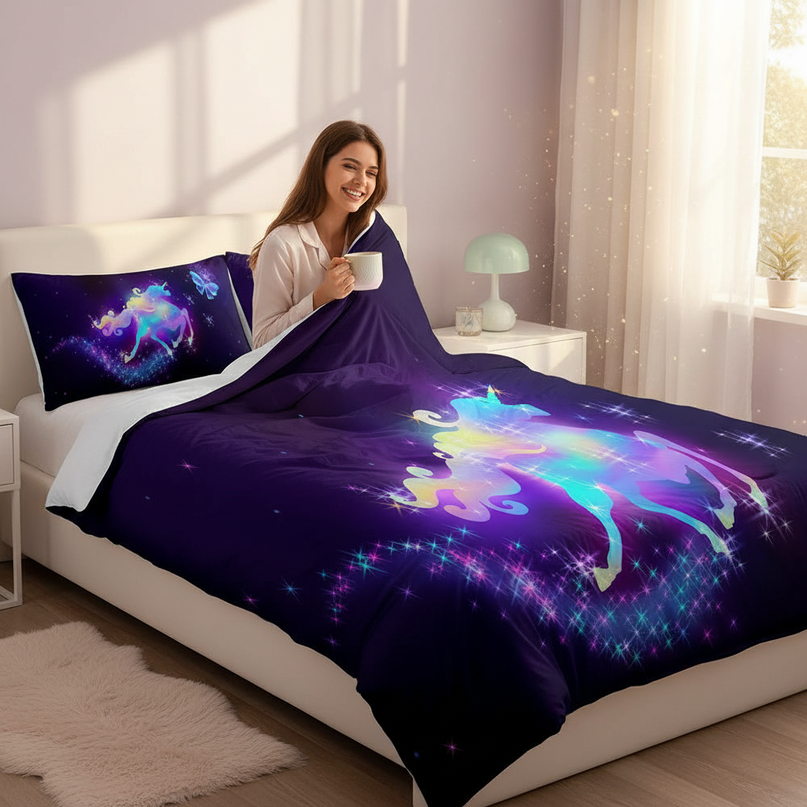 glowing neon unicorn bedding - in-use