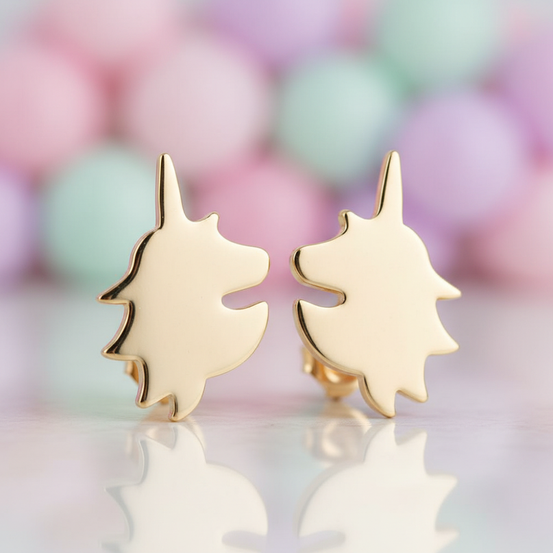 gold colored unicorn earrings - detail