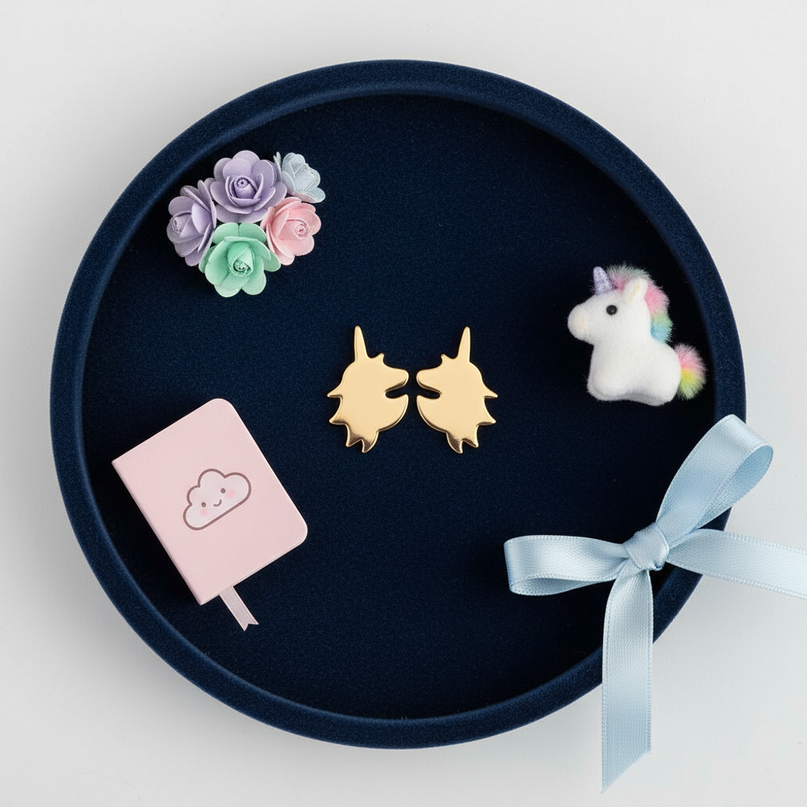 gold colored unicorn earrings - flat-lay