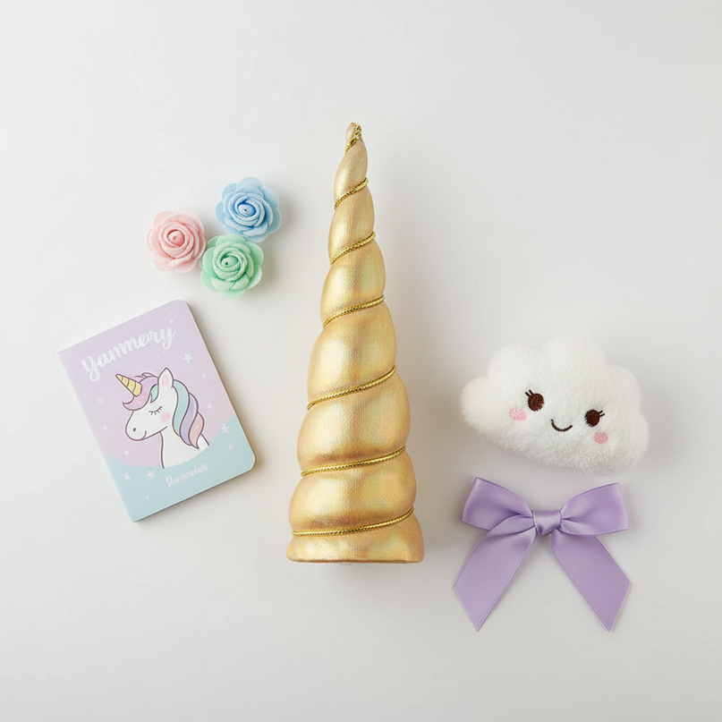 gold iridescent unicorn horn - flat-lay