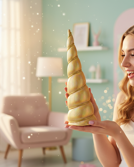 gold iridescent unicorn horn - in-use