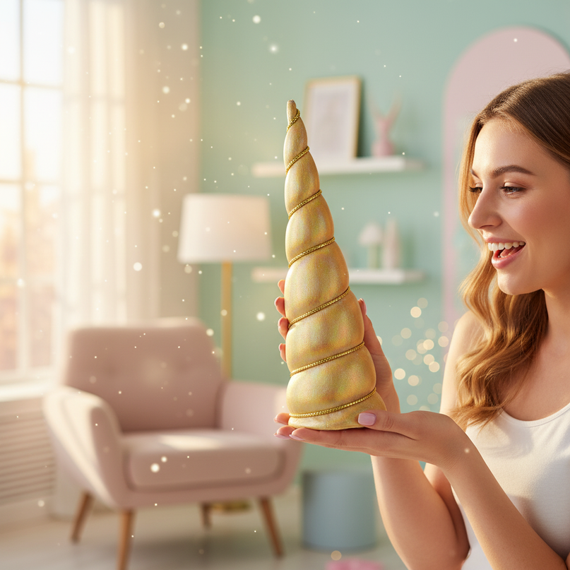 gold iridescent unicorn horn - in-use