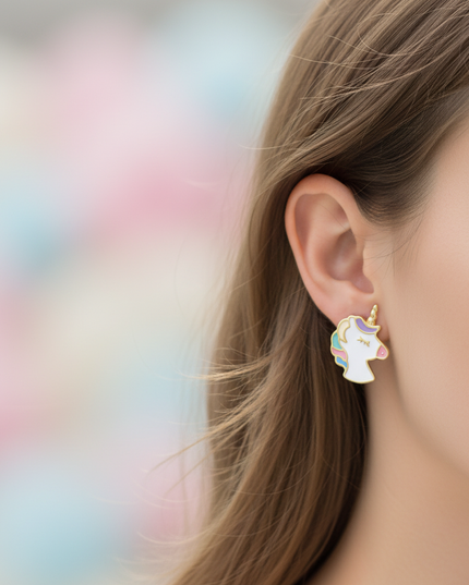 gold plated unicorn earrings - in-use