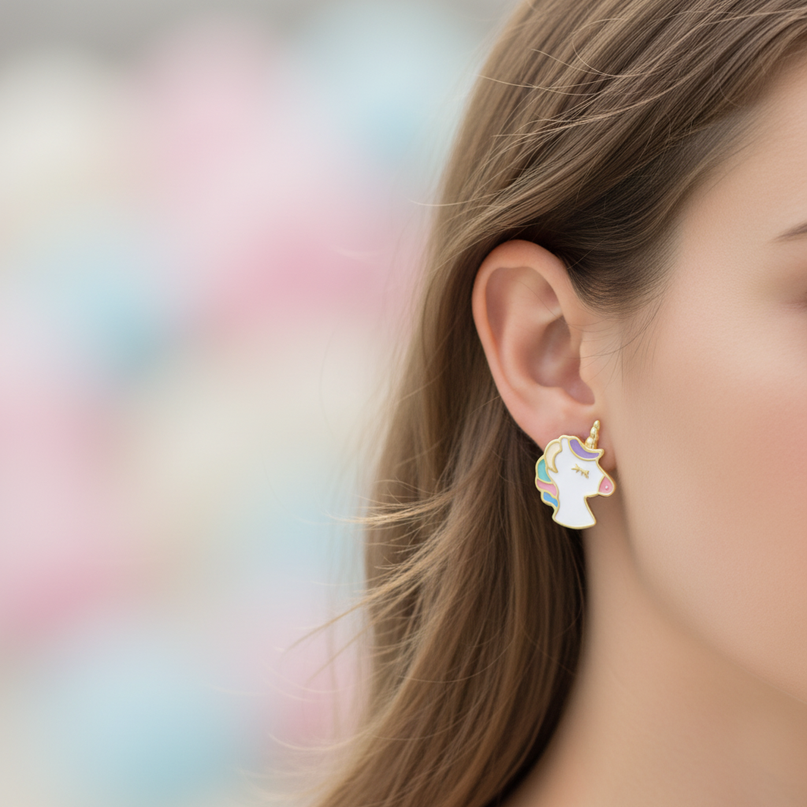 gold plated unicorn earrings - in-use