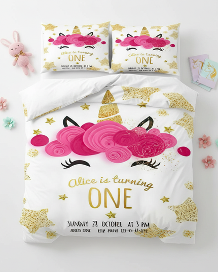 gold rose birthday unicorn bedding - flat-lay