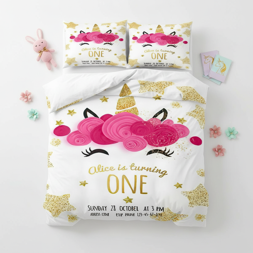 gold rose birthday unicorn bedding - flat-lay
