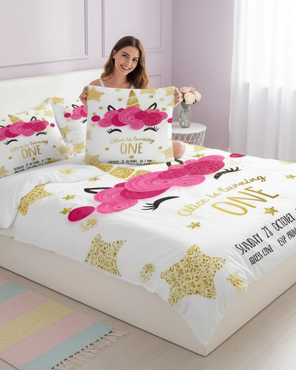gold rose birthday unicorn bedding - in-use