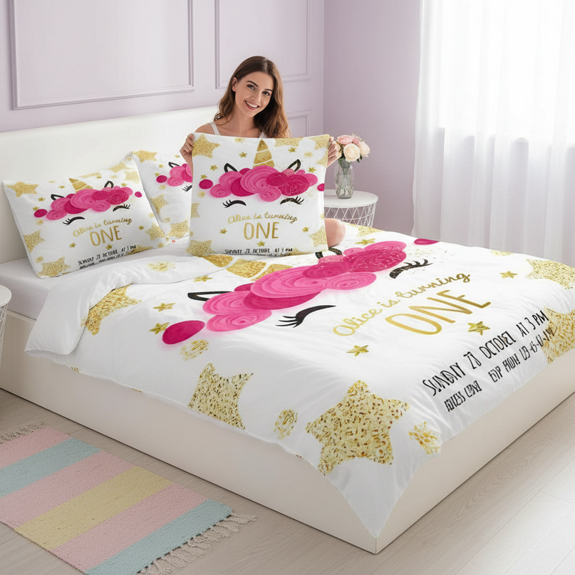 gold rose birthday unicorn bedding - in-use