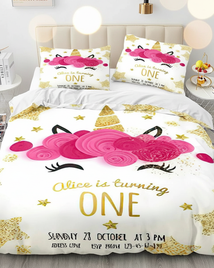 gold rose birthday unicorn bedding - lifestyle