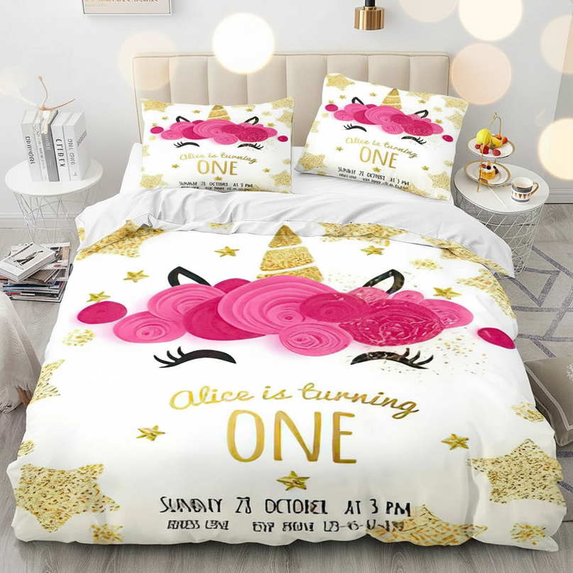 gold rose birthday unicorn bedding - lifestyle