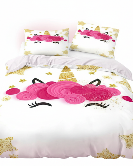 gold rose birthday unicorn bedding - white-bg