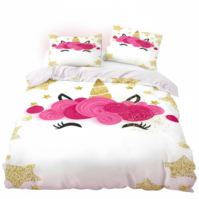 gold rose birthday unicorn bedding - white-bg