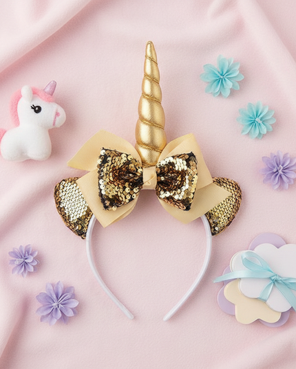 gold sequin unicorn headband - flat-lay