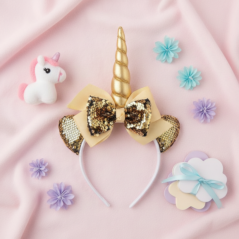 gold sequin unicorn headband - flat-lay