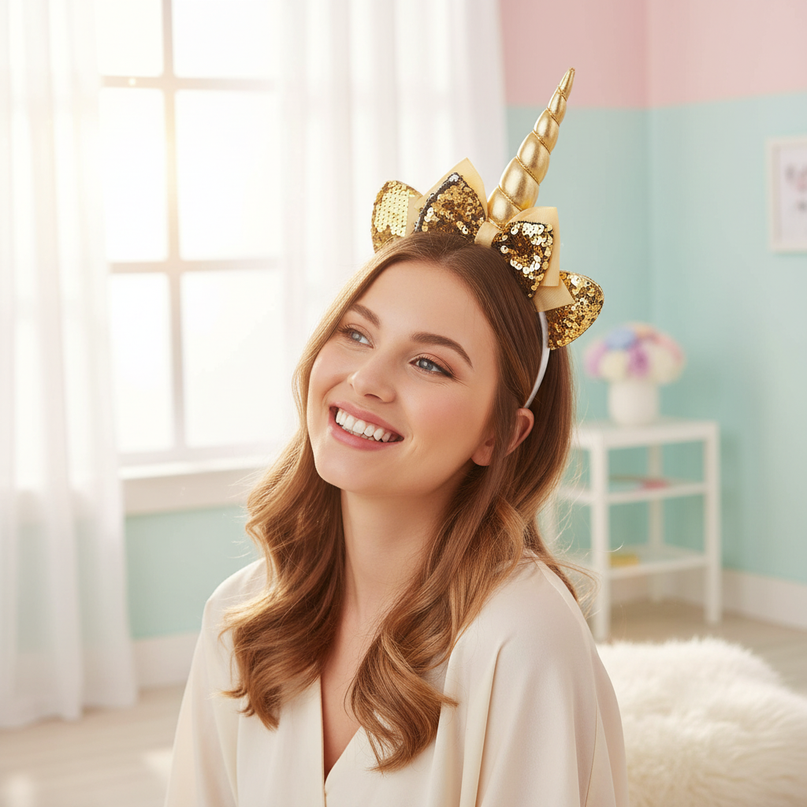 gold sequin unicorn headband - in-use