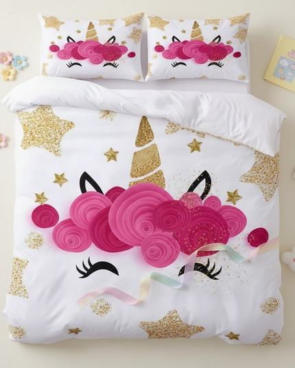 gold star rose unicorn bedding - flat-lay