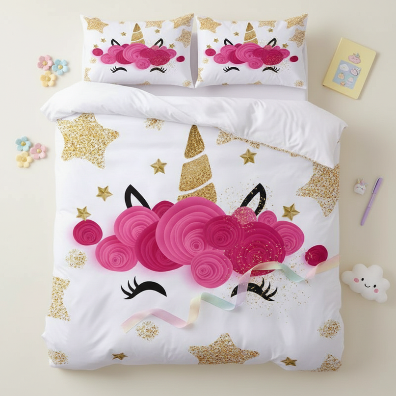 gold star rose unicorn bedding - flat-lay