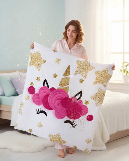 gold star rose unicorn bedding - in-use